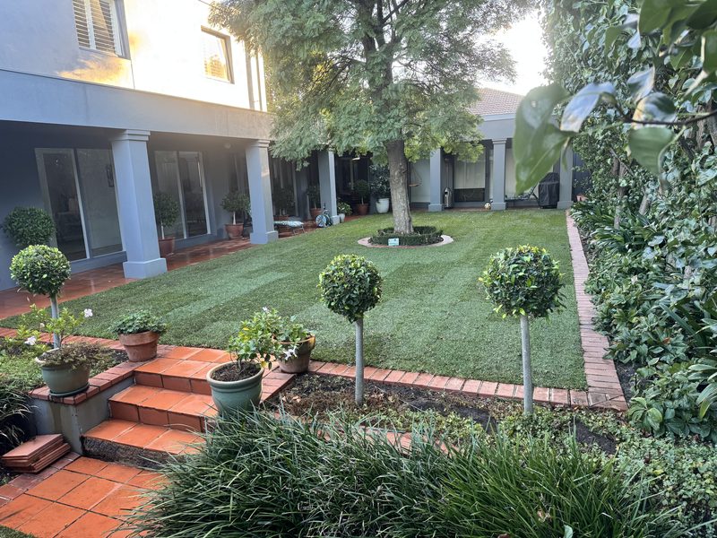 Manicured courtyard lawn with topiary and brick edging